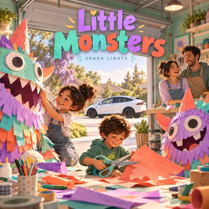 Little Monsters album cover: a family making colorful monster crafts in a sunny garage.