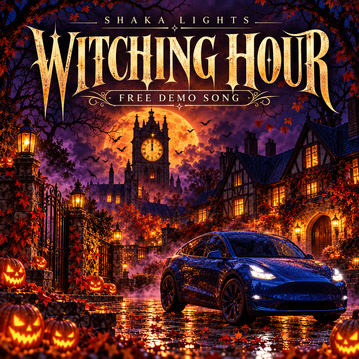 Witching Hour Free Light Show illustration: a blue car by a haunted manor, with a clock tower striking midnight under an amber moon.