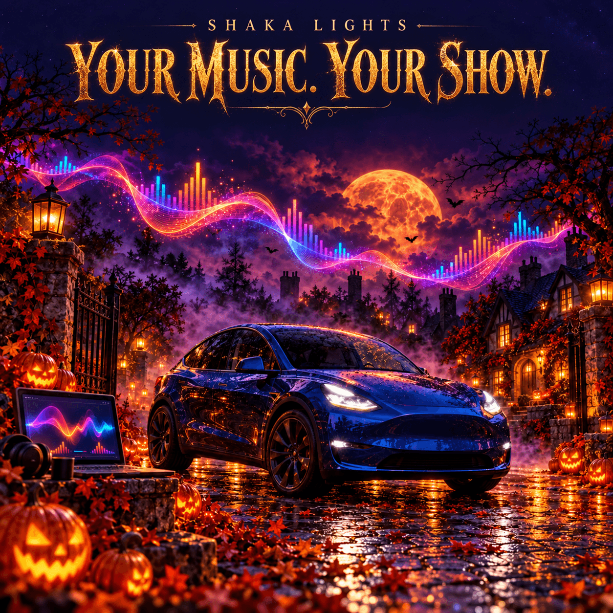 Your Music. Your Show. illustration: a blue car in a Halloween driveway with a glowing music waveform flowing toward it and a laptop showing a light-show timeline.