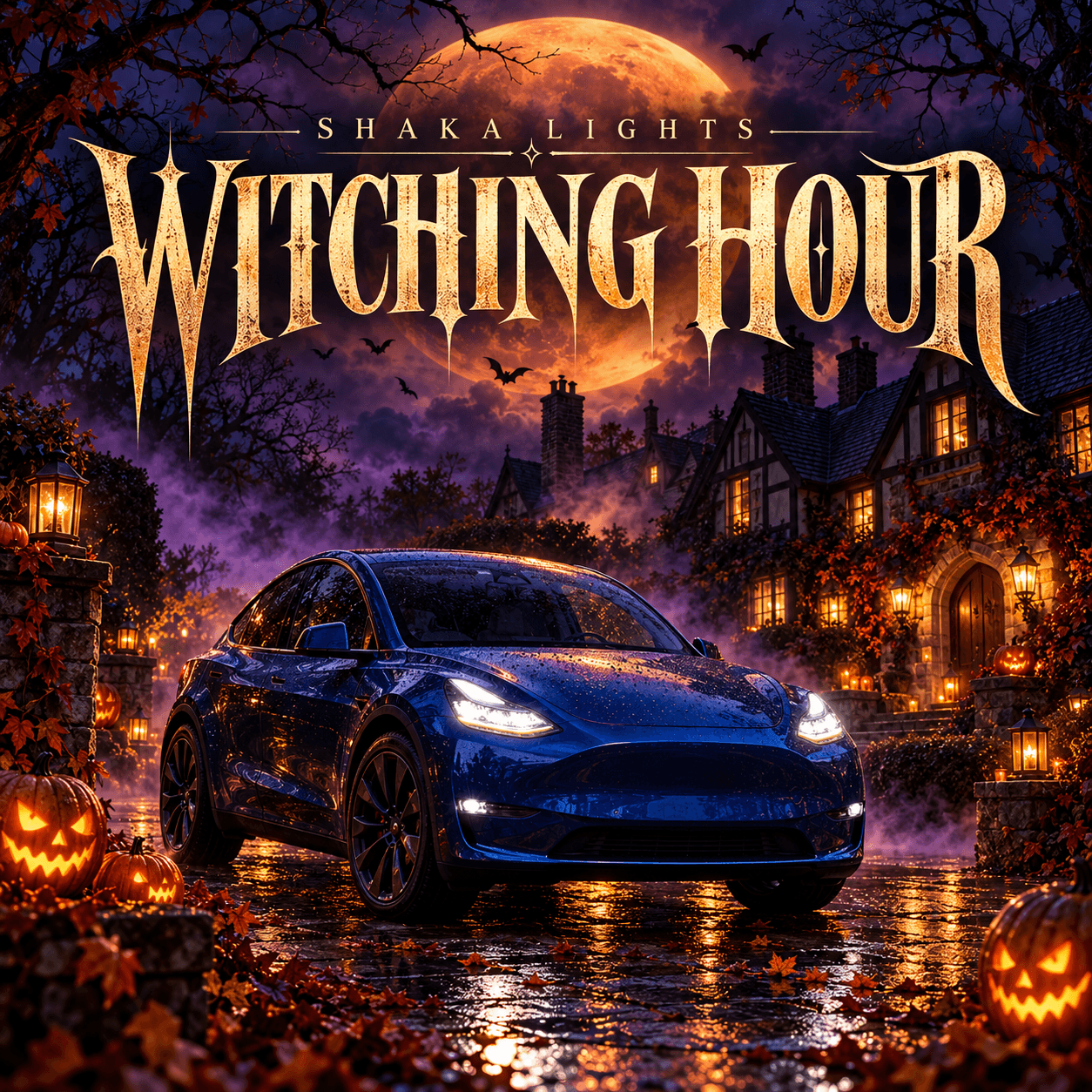Witching Hour album illustration: a blue car, glowing pumpkins and a haunted manor beneath an amber moon.