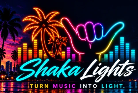 Shaka Lights — Turn music into light. Neon palms, a shaka hand, and music bars.